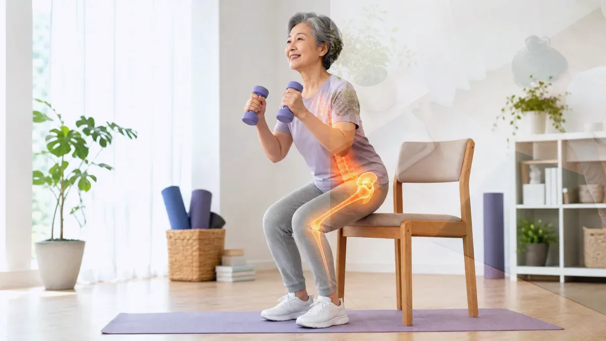 골다공증 예방을 위해 걷기보다 근력 운동이 더 효과적인 이유에서 확인할 허리와 고관절 움직임 실천 포인트 시각 자료