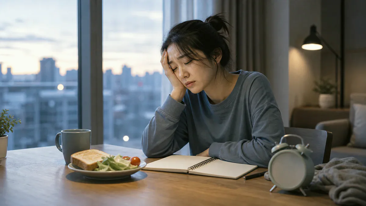 쉬어도 피곤할 때 확인할 실내 환경과 유해 노출 요인 내용을 이해하기 위한 수면 부족과 아침 피로 시각 자료 쉬어도 피곤할 때 확인할 실내 환경과 유해 노출 요인 내용을 이해하기 위한 수면 부족과 아침 피로 시각 자료
