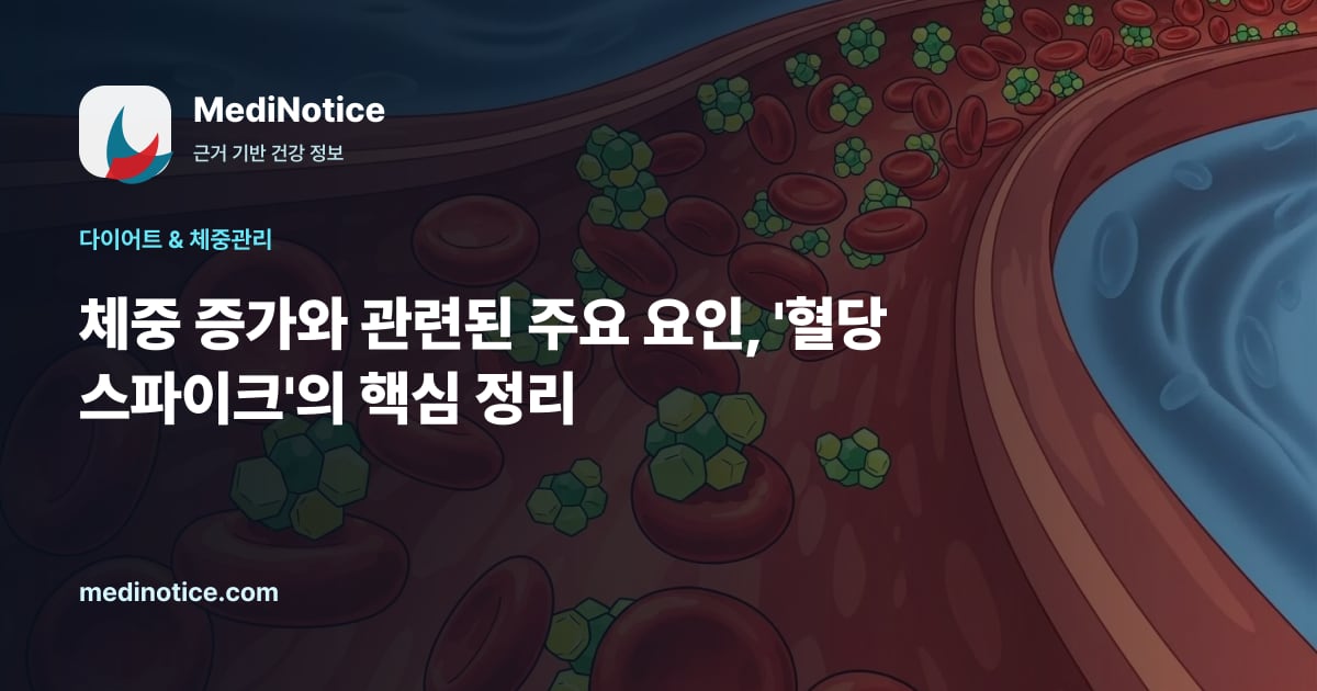 체중 증가와 관련된 주요 요인, '혈당 스파이크'의 핵심 정리 관련 검사, 증상, 생활관리 맥락을 정리한 건강 정보 이미지 체중 증가와 관련된 주요 요인, '혈당 스파이크'의 핵심 정리 관련 검사, 증상, 생활관리 맥락을 정리한 건강 정보 이미지