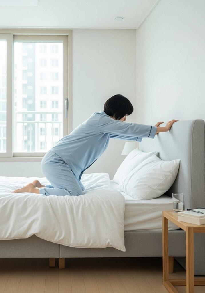 허리 통증의 모든 것: 원인부터 병원 선택, 최신 비수술 치료법까지 19 침대 위에서 무릎을 꿇고 상체를 침대 헤드에 기댄 채 스트레칭하는 여성