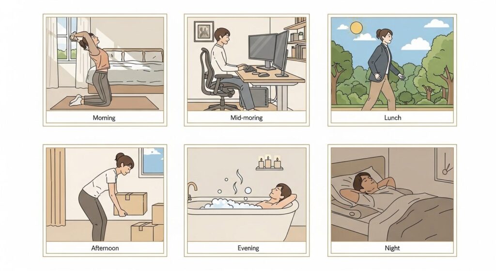 허리 통증의 모든 것: 원인부터 병원 선택, 최신 비수술 치료법까지 43 하루 일과를 시간대별로 보여주는 6개의 일러스트: 아침 스트레칭, 오전 업무, 점심 산책, 오후 택배, 저녁 목욕, 밤 취침