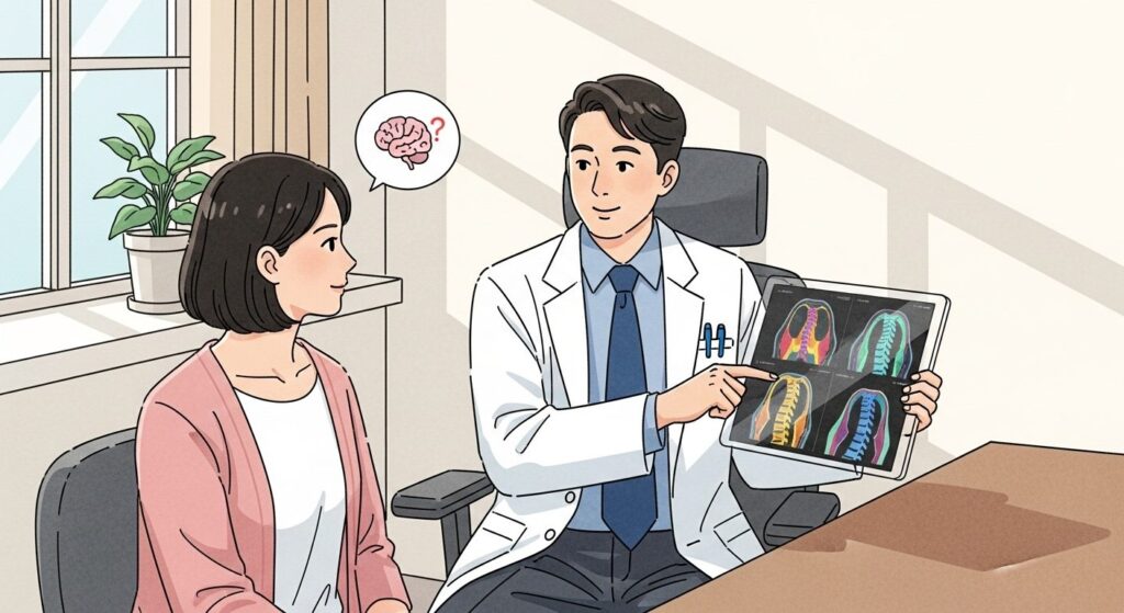 허리 통증의 모든 것: 원인부터 병원 선택, 최신 비수술 치료법까지 4 의사가 환자에게 뇌와 척추 MRI 영상이 담긴 태블릿을 보여주며 설명하고 있는 모습