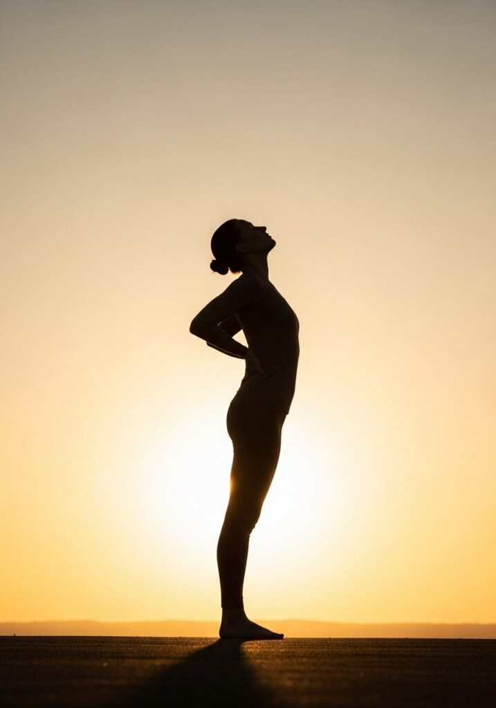 허리 통증의 모든 것: 원인부터 병원 선택, 최신 비수술 치료법까지 3 일몰을 배경으로 하늘을 바라보며 허리를 아치형으로 젖히는 여성의 요가 실루엣