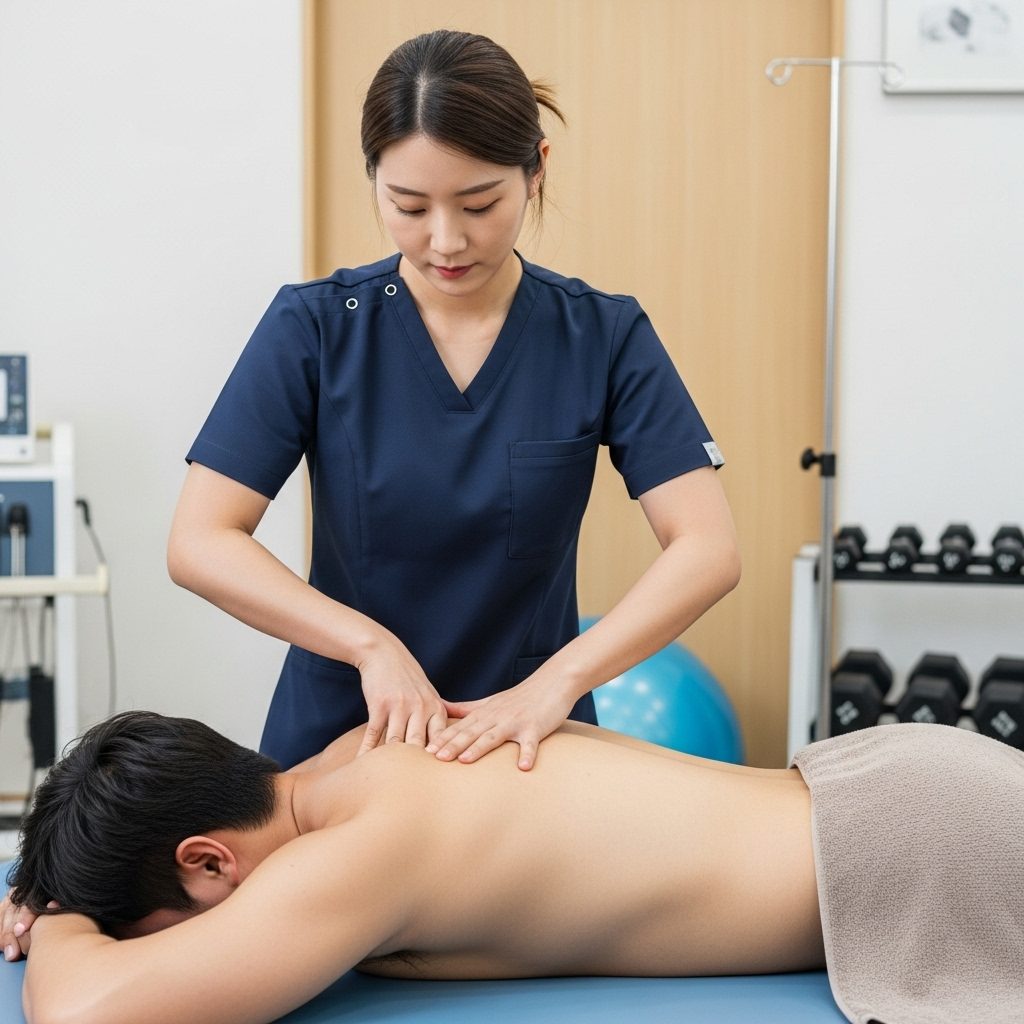 허리 통증의 모든 것: 원인부터 병원 선택, 최신 비수술 치료법까지 16 물리치료사가 엎드려 있는 남성의 등에 손을 얹고 마사지하는 모습