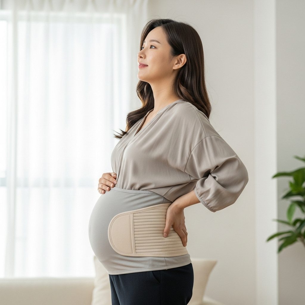 허리 통증의 모든 것: 원인부터 병원 선택, 최신 비수술 치료법까지 30 임산부가 배에 복대를 착용하고 창밖을 바라보며 미소 짓는 모습