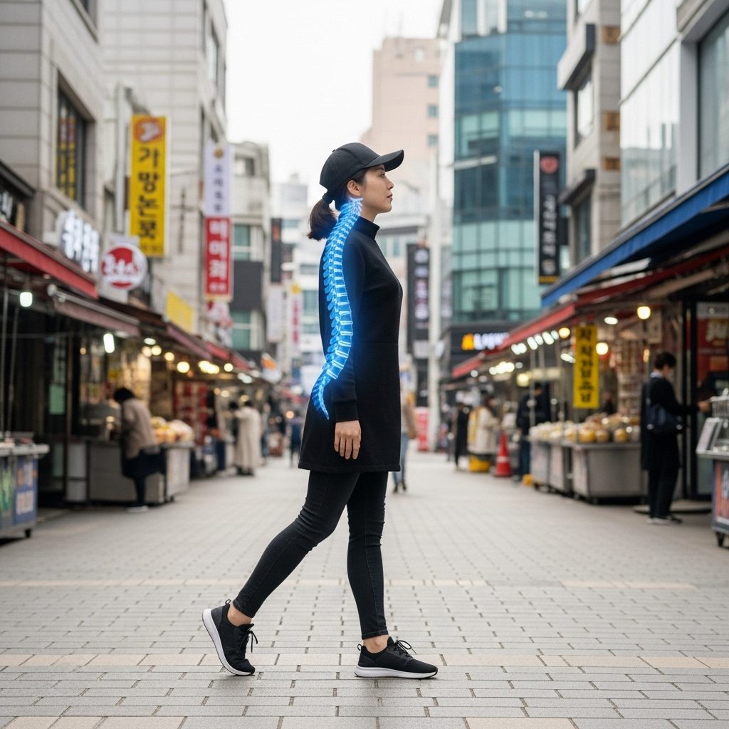 허리 통증의 모든 것: 원인부터 병원 선택, 최신 비수술 치료법까지 20 도시 거리에서 바른 자세로 걷는 여성의 옆모습과 투명하게 강조된 척추 이미지