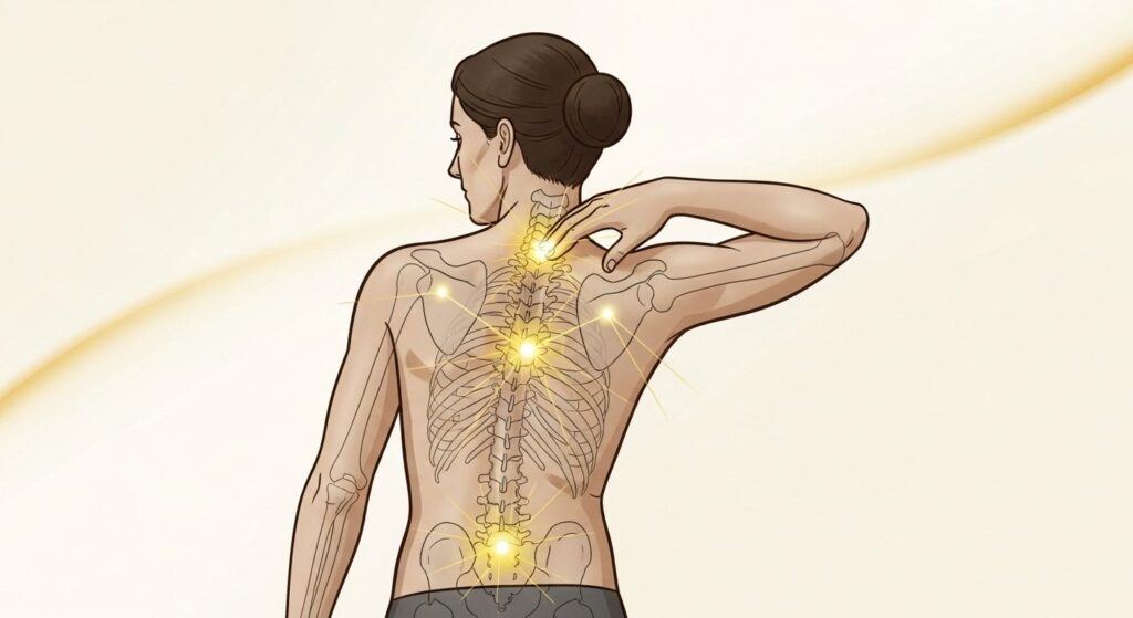허리 통증의 모든 것: 원인부터 병원 선택, 최신 비수술 치료법까지 39 목과 등 부위의 통증 또는 에너지 포인트를 강조한 여성의 척추 및 상체 해부도 일러스트