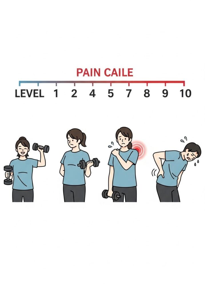 허리 통증의 모든 것: 원인부터 병원 선택, 최신 비수술 치료법까지 40 통증 척도(PAIN SCALE)와 함께 운동 중 통증 수준에 따른 신체 반응을 보여주는 4단계 일러스트