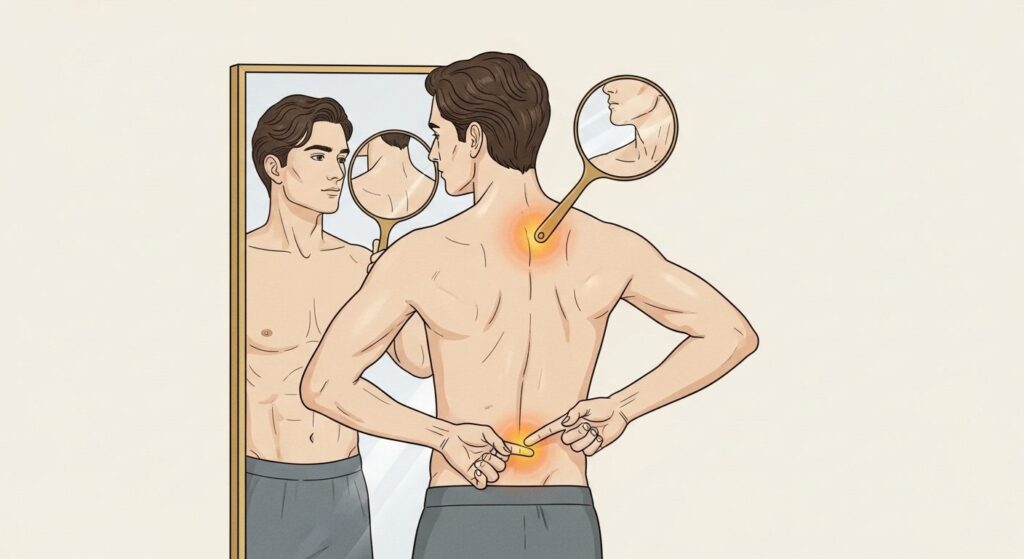 허리 통증의 모든 것: 원인부터 병원 선택, 최신 비수술 치료법까지 11 거울 앞에서 어깨와 허리 통증 부위를 가리키며 자신의 자세를 살펴보는 남성