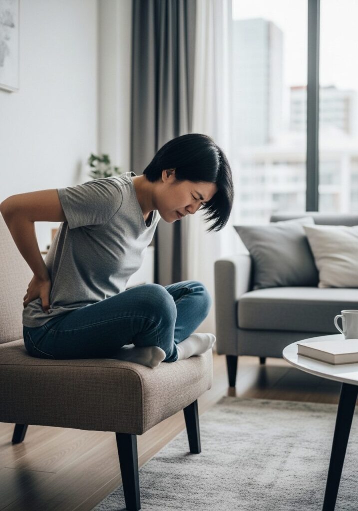 허리 통증의 모든 것: 원인부터 병원 선택, 최신 비수술 치료법까지 7 소파에 앉아 허리를 잡고 통증을 느끼는 동양인 여성