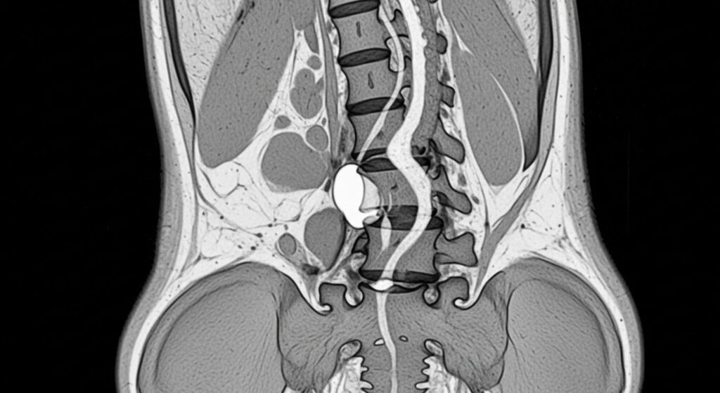 허리 통증의 모든 것: 원인부터 병원 선택, 최신 비수술 치료법까지 5 인체 하부 척추와 복부 혈관이 보이는 MRI 또는 CT 스캔 영상, 중앙에 밝은 구형 병변이 보임