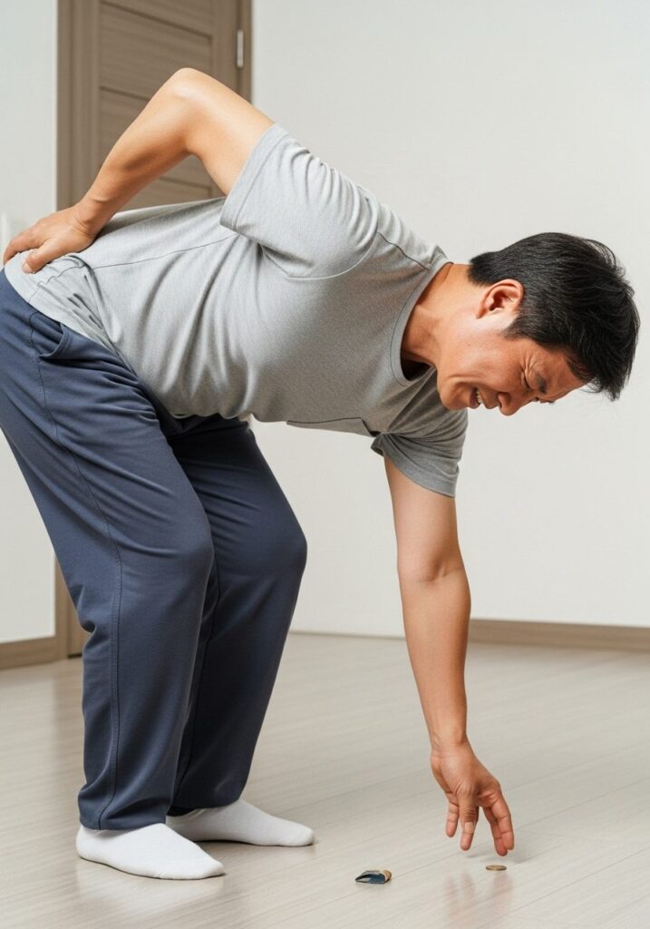 허리 통증의 모든 것: 원인부터 병원 선택, 최신 비수술 치료법까지 6 허리 통증으로 바닥에 떨어진 동전을 줍기 힘들어하는 중년 남성