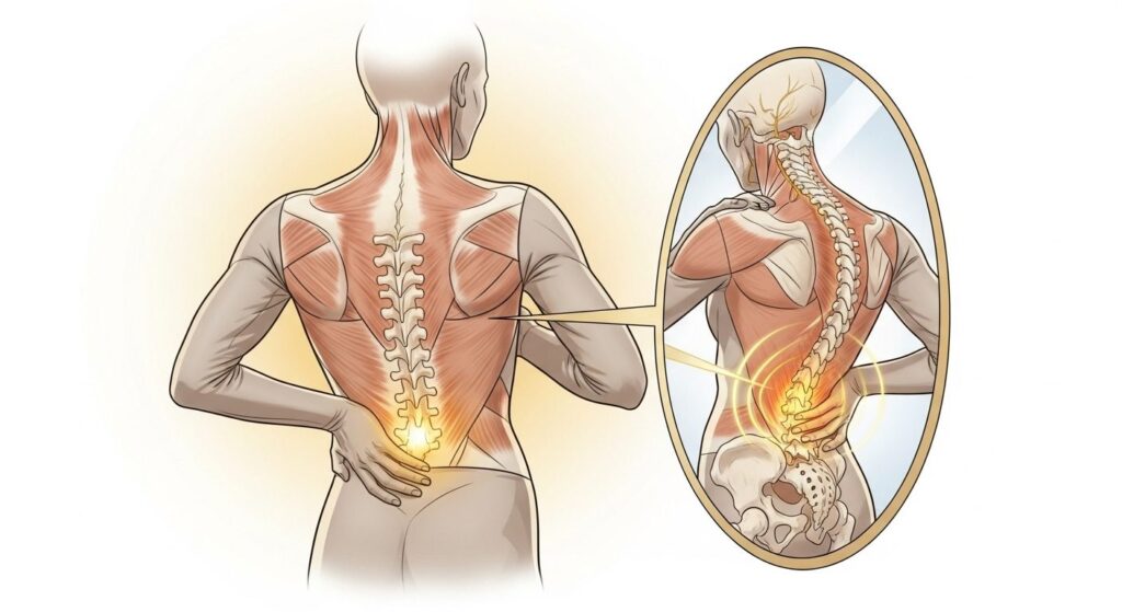 허리 통증의 모든 것: 원인부터 병원 선택, 최신 비수술 치료법까지 9 허리 통증을 겪는 사람의 뒷모습과 확대된 척추 및 근육 해부도